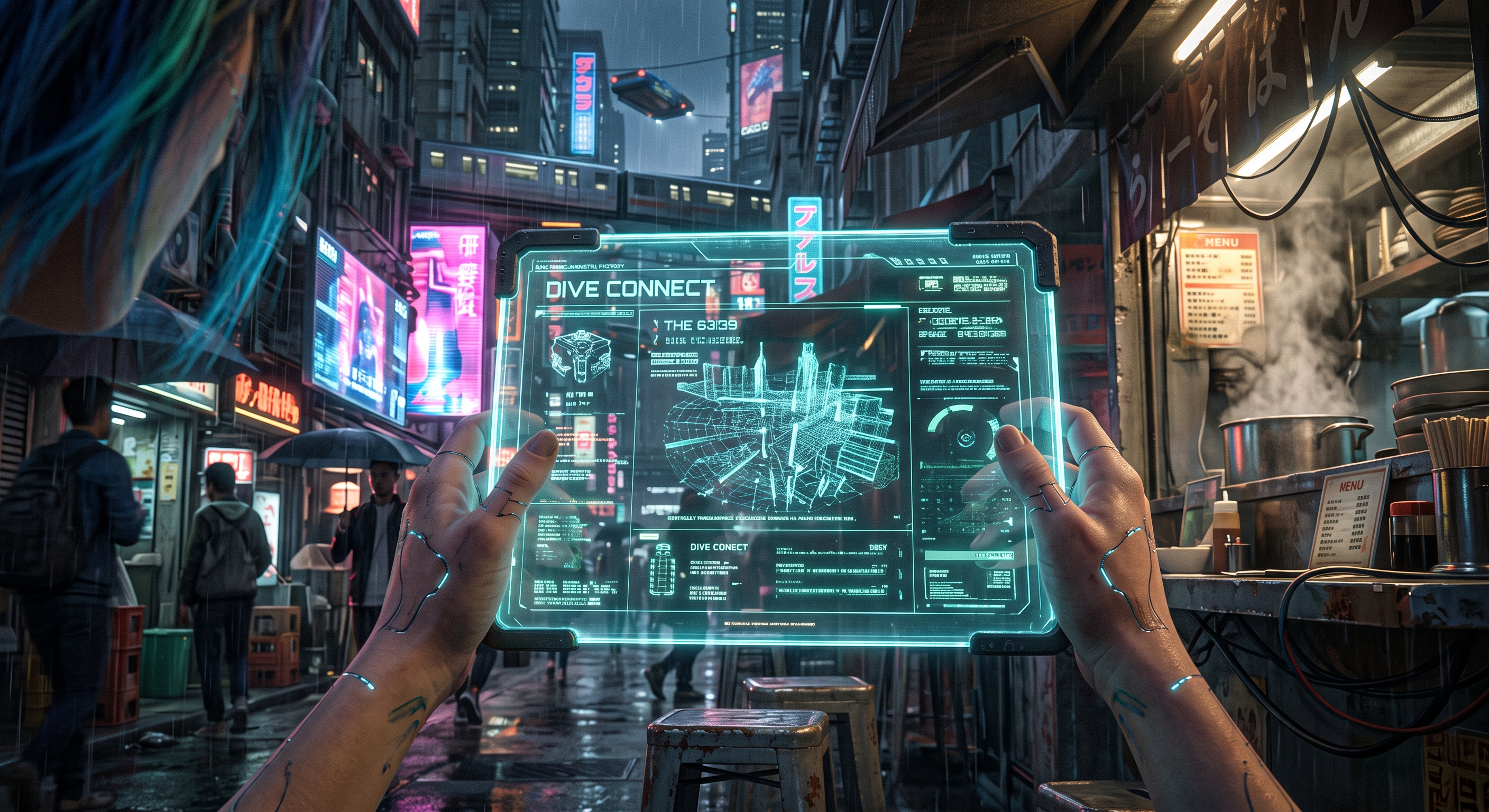 A transparent cyan LCD held in a neon-lit Tokyo street, showing a wireframe city and Dive Connect interface.
